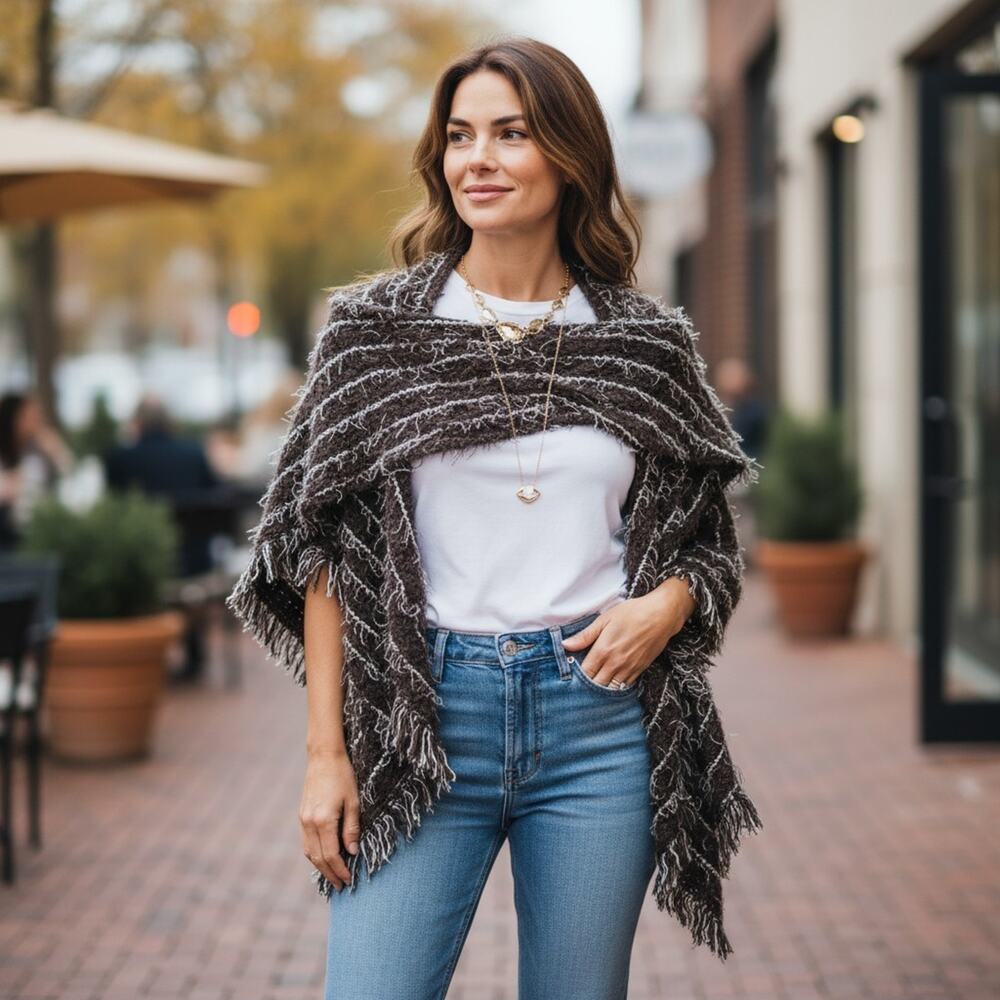 IC Connie K Sweater Women Small Gray Open Front Cardigan Ruffle Wool Stripes USA